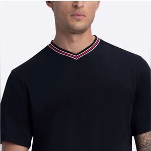 Bugatchi Black L V-Neck Short Sleeve T-Shirt with Striped Collar